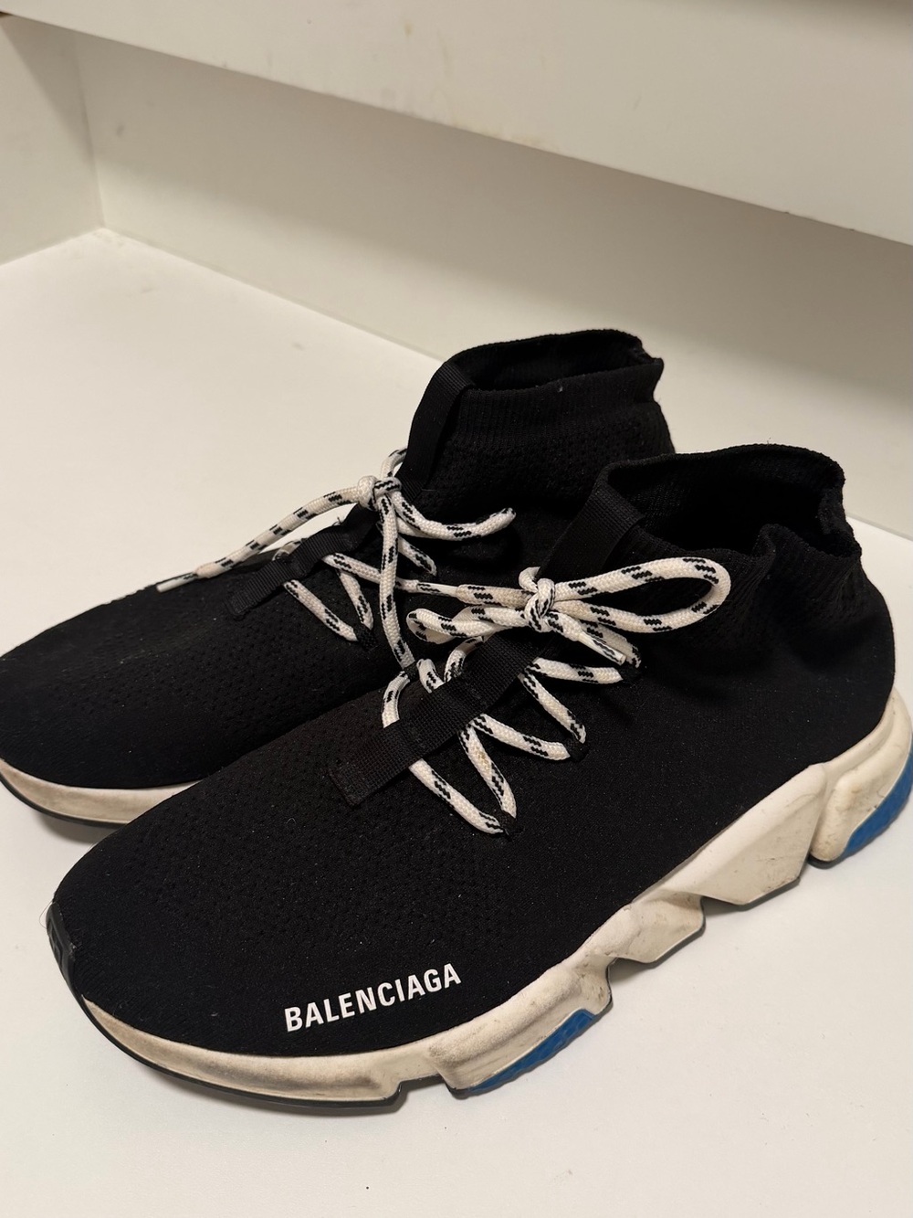 Balenciaga Black Knit High-Top Sneakers with White Laces
